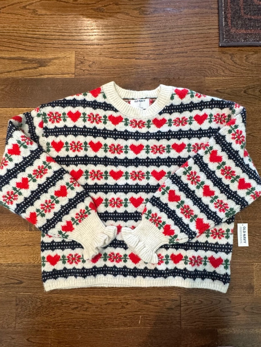 Old Navy Cream, Red, and Navy Fair Isle Heart Sweater